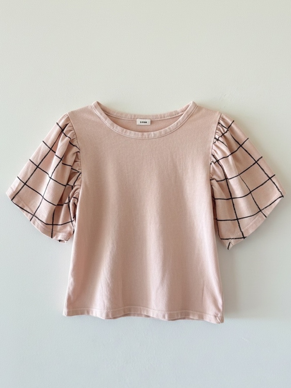 Stem Girls Pink Blush Windowpane Puff Sleeve Top Size 5